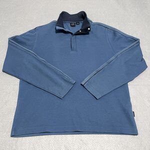 Hugo Boss Sweater Mens Large Blue 1/4 Mock Neck Snap Buttons Regular Fit Cozy
